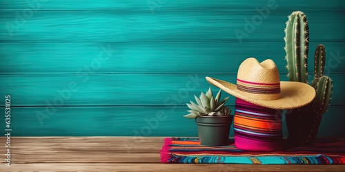 A top view of traditional Mexican sombrero and bright serape laid on a green surface.