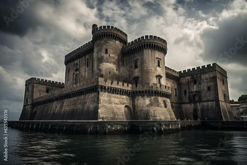 A medieval castle called Maschio Angioino in Naples. It's a royal seat for kings of Naples and Aragon. It's located on the seafront. Generative AI