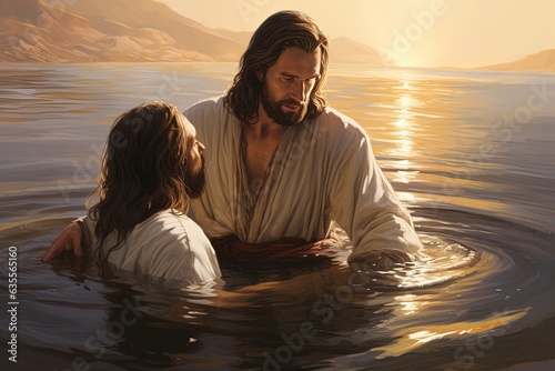 Jesus is baptized by John.