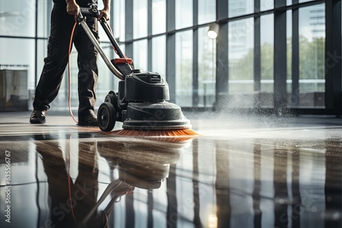 Worker washing office floor with cleaning machine.