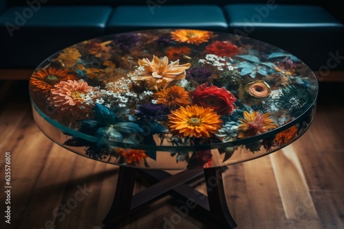 Table made of epoxy resin adorned with beautiful flowers. Generative AI