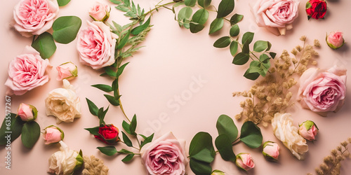 Aesthetic and elegant design with roses, pink flowers and green leaves. Ideal for weddings, events or home decor. The round shape gives the wreath a unique touch.