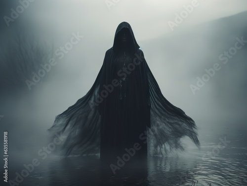 Shadowy figure of a winged female reaper, draped in a cloak, exuding an eerie aura. Silhouette of a female angel of death.