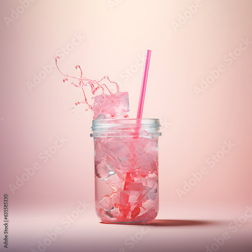 Big jar with refreshing pink lemonade and straw, cold summer refreshment, pastel background.