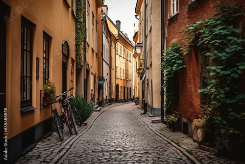 Picturesque historical alley lined with traditional Swedish houses in Gamla Stan, the charming old town of Malmö. Nordic architecture showcased through cobbled pathways and bicycles. Generative AI