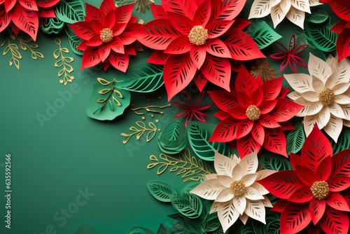 Christmas red poinsettia flower paper cut style pattern with copy space on a green background