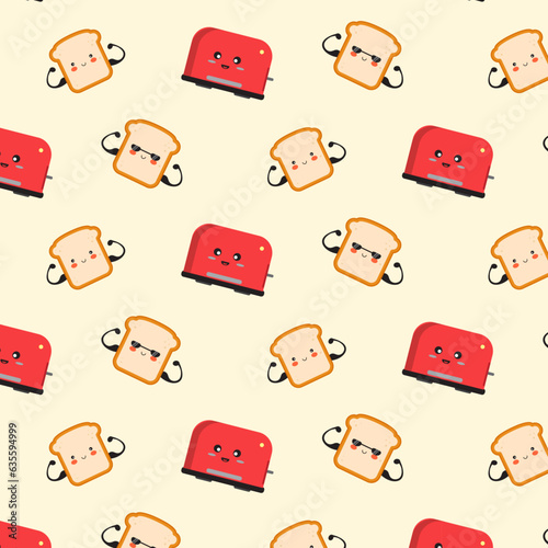 seamless pattern with cute toster and toast cartoon style 
