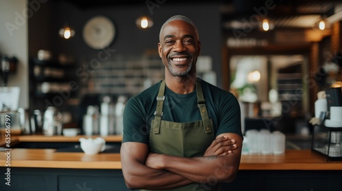 Coffee shop owner black man smiling. Black owned business concept