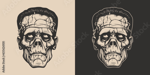 Vintage retro Halloween zombie dead frankenstein character face portrait. spooky scary horror element. Monochrome Graphic Art. Vector. Hand drawn element engraving