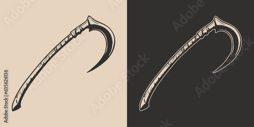 Vintage retro Halloween scythe reaper sword weapon element. Monochrome Graphic Art. Vector. Hand drawn element engraving