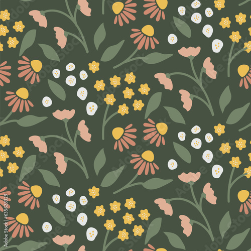cute gentle soft yellow pink red purple white flowers floral seamless repeat pattern paper vector botanical on green background 