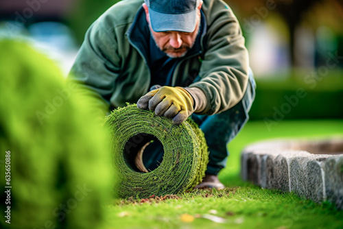 Gardener installing green lawn grass in the garden. gardening concept. selective focus. 