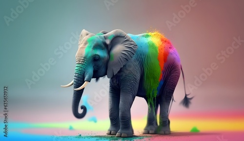 Cute realistic pastel rainbow colored paint Elefant with curly fur background