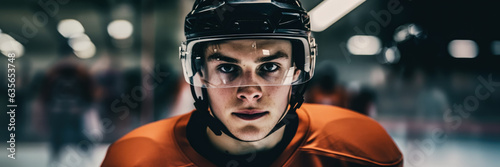 Young ice hockey player in helmet, serious expression, wide banner portrait. Generative AI