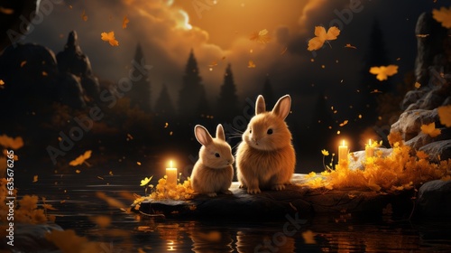 An autumn landscape with adorable bunnies under the moon, celebrating the mid autumn festival. Generative AI. 