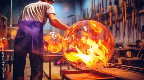 glassmaker blowing glass in a hot and vibrant studio generative ai