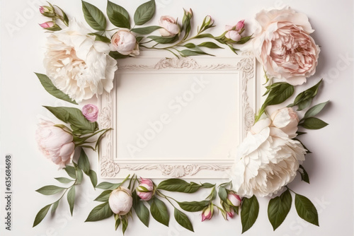 White frame on white background with peonies, flowers and leaves with copy space in the middle, generative AI