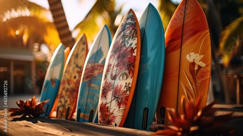 Close-up view of several colorful bright surfboards lying on the wall at the beach. 