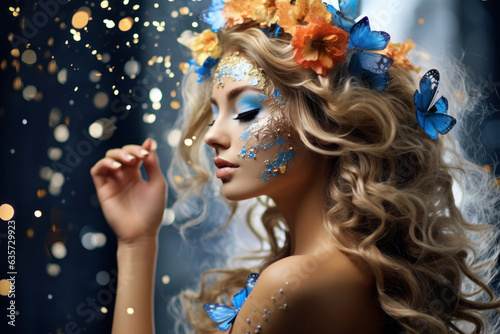 Gorgeous female model dressed up with flowers and butterflies