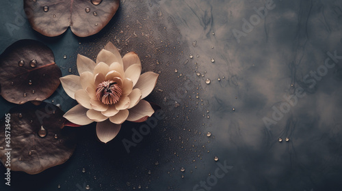 Top view of lotus flowers on a dark moody background for zen inspired spa or wellness treatments