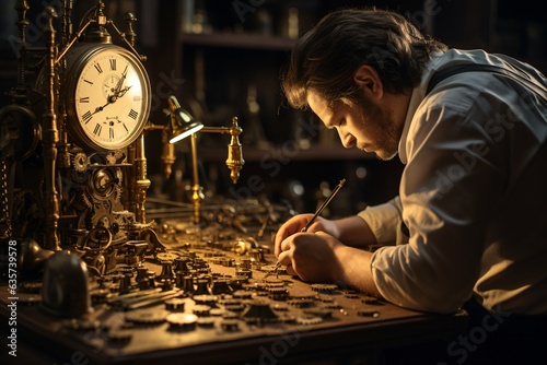 a watchmaker, illuminated by a focused beam of light, carefully placing delicate gears into a watch mechanism. Tiny tools and watch parts scatter the tabletop in the foreground, while the clock-laden 