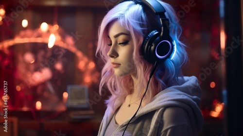young stylish female with purple hair listening music in headphones, generative AI