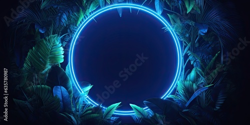 Circular frame features blue neon lights decorated with palm leaves. Futuristic glowing abstraction