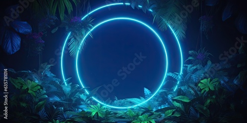 Circular frame features blue neon lights decorated with palm leaves. Futuristic glowing abstraction