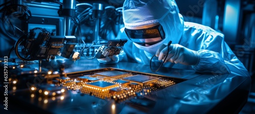 Scientist wearing full protection coat developing microchip at semiconductor factory laboratory. Generative AI technology.