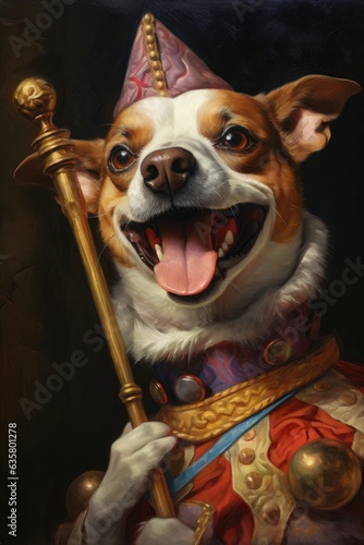 COURT BUFFOON DOG! Portrait, Jester, Joking, Sticking tongue, Sticks, Medieval. 3D buffoon doggy with cute paws, open mouth, purple ice cream cone hat sticking his tongue out. Colorful dress.