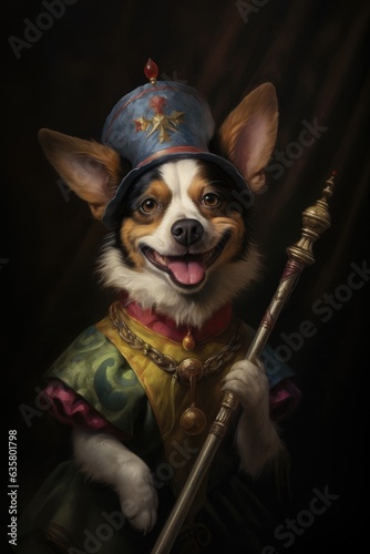 Dog, Jester, 1500 portrait, Minstrel, Tongue, Poster, Wallpaper, Reinassance, Medieval. MINSTREL DOGGY. Court jester doggy with cute paws, open mouth, blue hat showing his tongue.