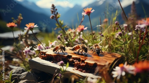 A beautiful bee hive in a flower meadow, blue pink red and white flowers, river flowing nearby, lush green mountains in the background,