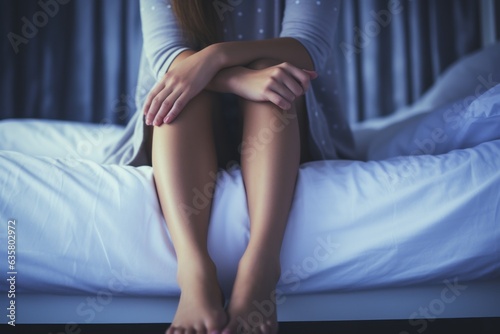 Unhappy woman in bed at night suffer from restless leg syndrome. Unhealthy female struggle with cramp. Healthcare concept