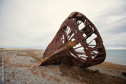 Skeleton of Shipwreck called Ambassador on the coast of Magellan Strait, rusty warship wreck, Tierra Del Fuego, Chile
