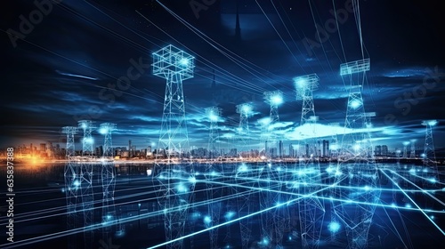 Cyberspace Electricity. High power electricity poles in urban area with Smart Grid Connection. Perfect for Energy Supply & Distribution concept: Generative AI