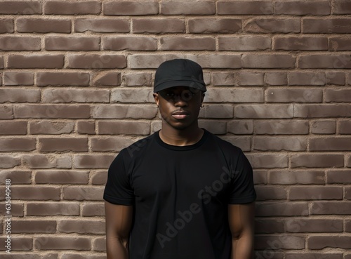 Handsome african american man in blank black t-shirt standing against brick wall Created with Generative AI technology.