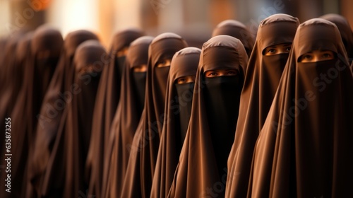 A group of women in burkas standing in a line. Generative AI image.