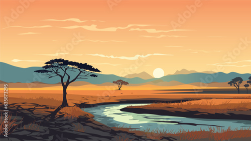 Beautiful African landscape of savanna and river at sunset. Amazing African wildlife landscape. Beautiful landscape for printing. Vector illustration. 