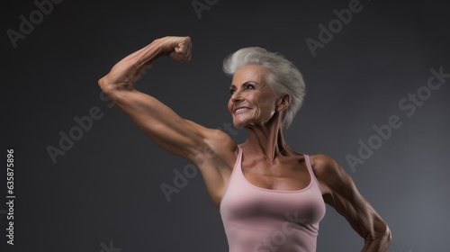 Older woman in great physical shape shows her biceps on gray background.
