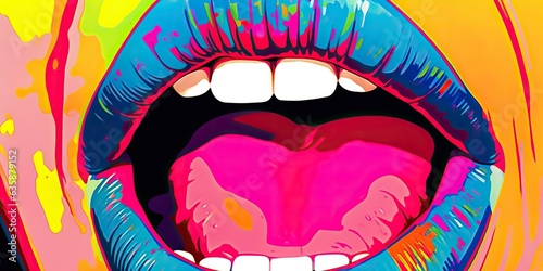 AI Generated. AI Generative. Pop art retro vintage lips mouth cartoon style. Attractive girl face with smile. Graphic Art