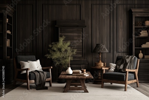 a farmhouse living room with dark wooden furniture and wall mockup