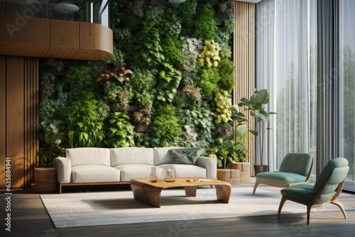 3D visualization of contemporary interior design with a vertical garden