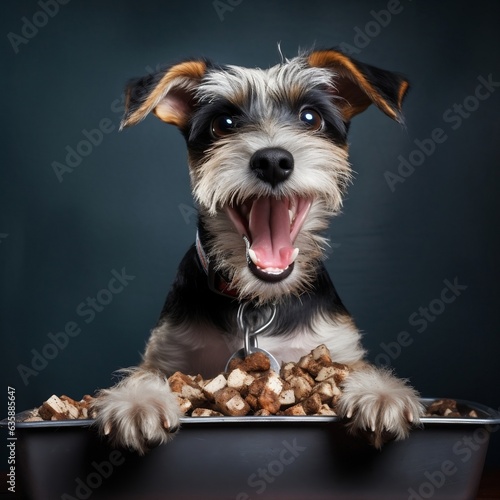 A happy small terrier mix licking its lips as it savors a mouthful of wet food