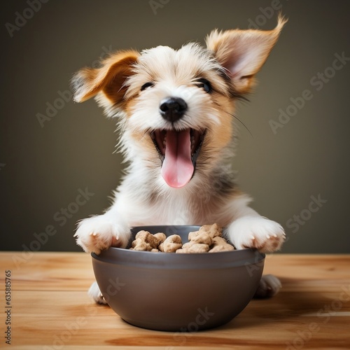 A happy small terrier mix puppy eagerly eating its kibble from a bowl