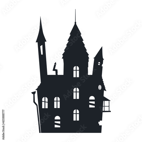 Creepy old castle black silhouette Halloween vector illustration isolated on white.