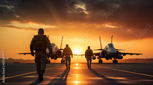 silhouettes of soldiers and fighter jets against the vibrant colors of a sunset sky.