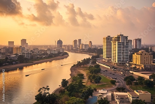 Golden Hour Lagos Skyline: Victoria Island Cityscape Landscape in West Africa, Nigeria at Sunset: Generative AI