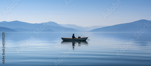 A man in a small fishing boat on calm blue water of a lake