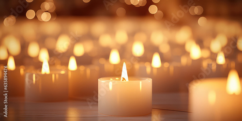 Horizontal wallpaper with lots of little candles with fire. Soft light from tee candles creating a peaceful atmosphere. 