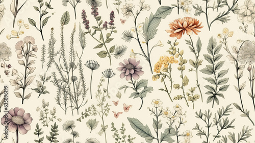 Seamless pattern background featuring a collection of vintage botanical illustrations with flowers and leaves in muted colors